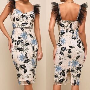 NWT Show Stopper Cream Embroidered Sequin Bodycon Midi Dress